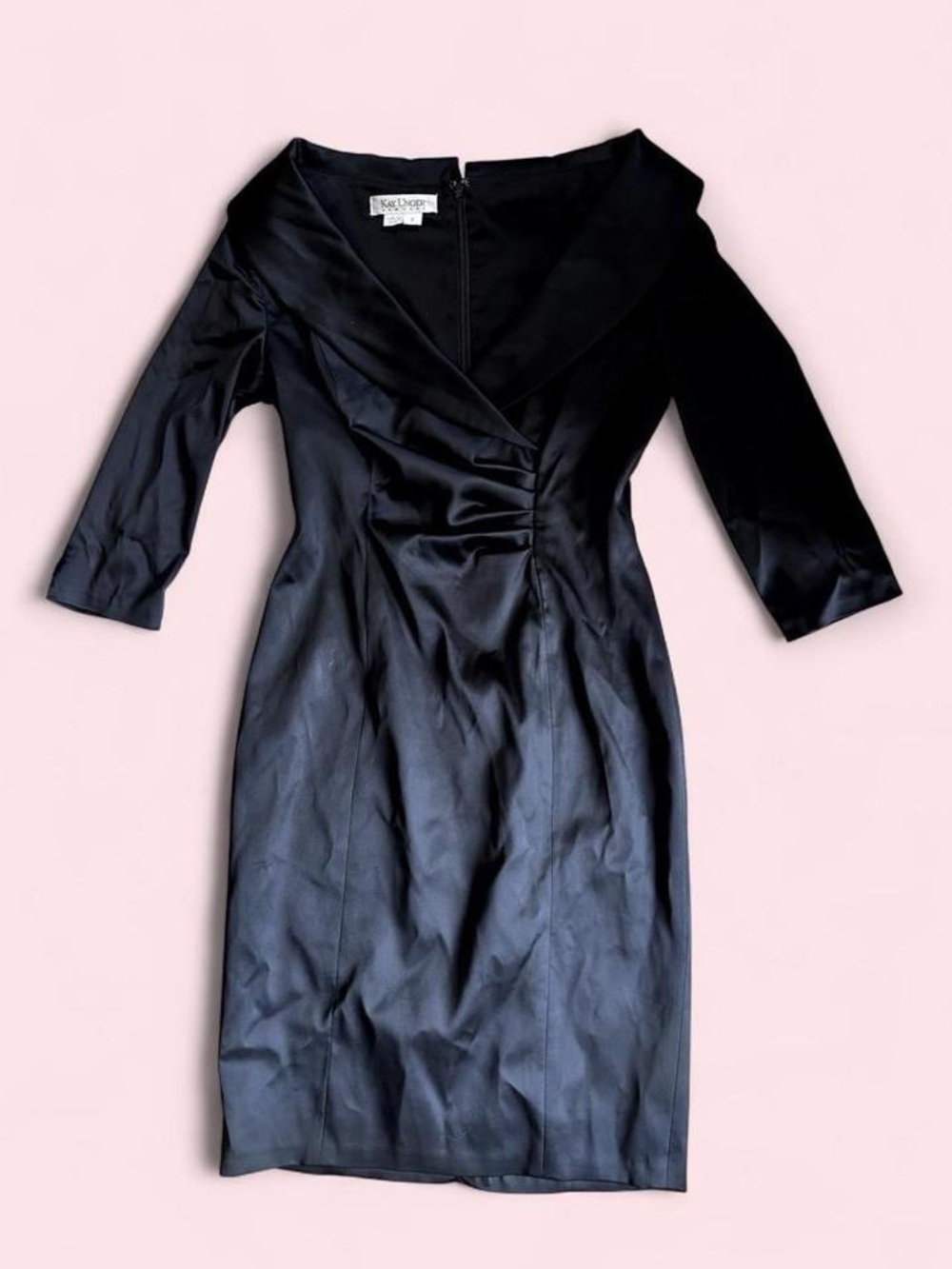 Kay Unger black satin 3/4 sleeve ruched knee-length wrap dress ~ size 4